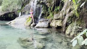 Monika Fox in Pink Bikini and Naked at Waterfall and Cave