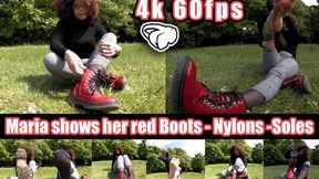 4K 60fps | Model Maria shows off her red boots, nylons, and soles in great detail, holding everything up close to the camera