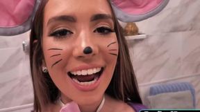 Halloween Stepsis gets deepthroated and titfucked by big cock