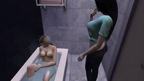 Lesbian friend peeps on friend in bath tub