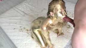 Beautiful Golden Body Art and Gentle Sex with a Golden-skinned Beauty