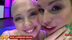 Blonde sluts guzzle cum in hot threesome