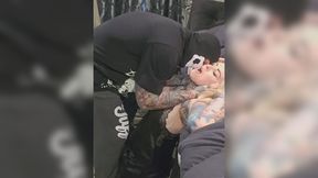 Rough rodeo between horny&#x1F975; tattooed cougar and masked stranger features anal&#x1F44C;, blowjobs & messy finish