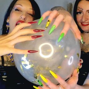 Fetish of inflatable balloons. Fetish of long sharp nails from two Dominatrixes.