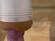 Penis COVERED in lube fucks fleshlight against the mirror