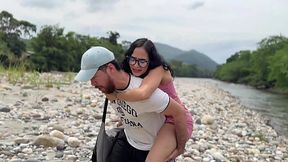 Stepdaughter In Pink Dress Gives Sloppy Outdoor Blowjob To Stepdad In Woods