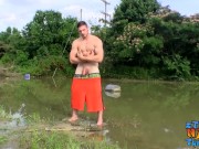 Fit guy Elijah Knight jacking off outdoors near a lake