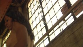 Black girl bangs a handsome Latino dude in the warehouse