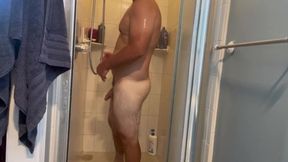 Bulky DILF stroking his XXL stiffy in the bathroom AND frigging his butt hole to help him SCROTUM!!!!