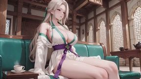 Blonde & Silver Hair Duo! Purple Lace Lingerie + Kimono vibes, pure lazy sensuality in a sun-drenched bedroom. She's on her knees, looking back with wet eyes and biting her lip. Is it morning wake-up or an afternoon secret?