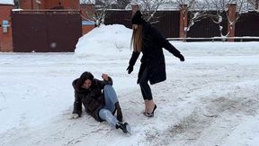 Two girl on heelless shoes on ice, Zanotti platform on ice, high heels on ice, platform on ice, girls on high heels on ice, sliding shoes, girl sliding on ice, slippery high heels