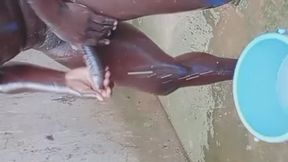 Biggest black cock gets hard during outdoor shower