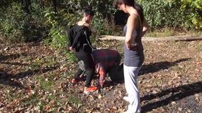 Dominant joggers walking their pet slave