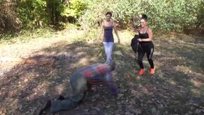 Dominant joggers walking their pet slave