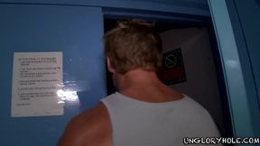 Gavin Waters gets destroyed by Alexander Garrett’s sloppy mouth in public gloryhole blowjob
