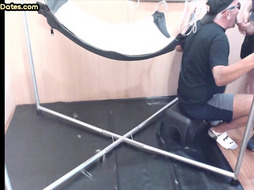 Sling fucked DILF sucking cock before bareback anal