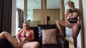 Two hot blonde roommates share a steamy girl-on-girl session.