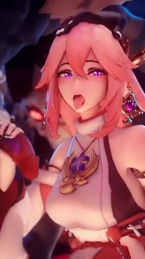 Yae Miko Surrounded by Hilichurl Cocks Gangbang Threesome Double Handjob - Genshin Impact Porn