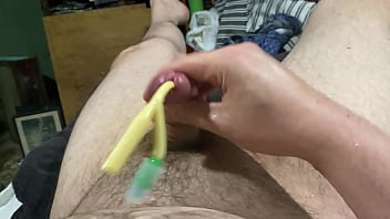 Me jerking my parTied up cock with a catheter in