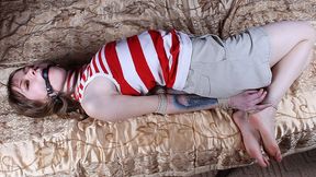 Ballgagged barefoot Agnes in top and shorts, hogtied with her elbows tied, wiggles and rolls on the bed (HD MOV)