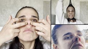 Mary crushes her nose and puts a tight stocking on her head