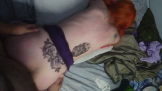 Goth girl with pigtails gives amazing blowjob then rides big cock and bends over for a creampie