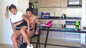 Stepsister looks for her stepbrother's cock under the table! Ends up with her pussy filled with cum