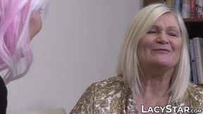 Busty GILF Lacey Starr licks lesbian pussy in wild fantasy