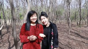 Chinese mature woman’s tickling challenge in the forest