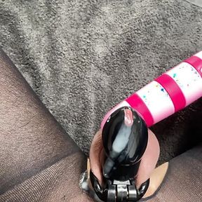 POV vibrator chastity cage cum shot