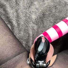 POV vibrator chastity cage cum shot