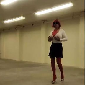 DeeDeeSlut69  White Top and Black Skirt in Heels