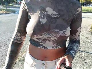 braless walk, flashing tits in public