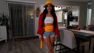 Two masked man approach a thick Latina for a three-way