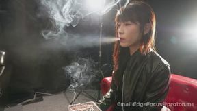 Asian Woman in Sleek Leather Jacket Inhales Deep Thick Smoke — SHUO1 4K