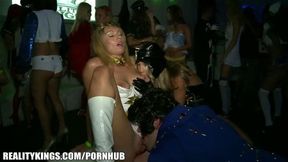 Party of busty college girls ride big dick in the nightclub VIP