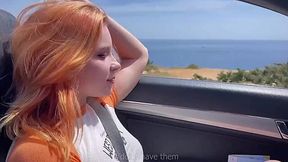 Redhead teen picked up on the road and pays for a ride with pussy