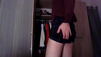 Cross dresser back from office in a sexy tartan secretary skirt and cute silky shirt teasing and masturbating