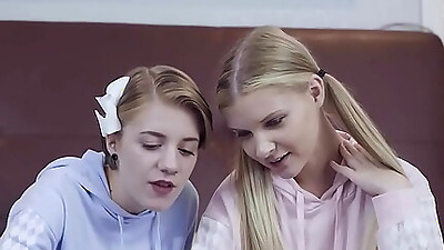 Stepsisters film a video masturbating with a toy when stepdad catches them.They give him a bj and the petite teen stepdaughter is fucked as shes toyed