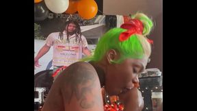 Thick ebony babe gives birthday cock a sloppy deepthroat