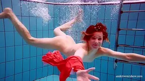 Red Long Dress And Big Tits Floating In The Pool