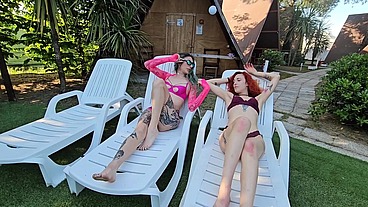 Three hot girls fucked hard at the naturist Campsite.