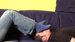 Under the blue sock feet