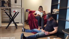 Goddess Lytta Demands Friend Worship Her Feet and Give a Footjob While His Step-mom Is in the Kitchen