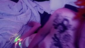 Petite tattooed redhead sucks and rides cock getting creampie and then sucking the rest of his cum out at the end