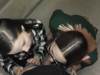 Amateur three-some blow job in the entrance - Public double oral job POV