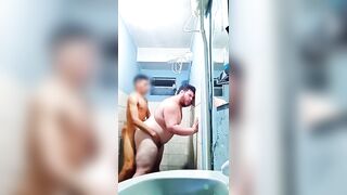 They gripped the plump dude in the douche at the soiree and boned him until they came inwards him.