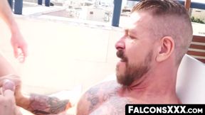Outdoor anal pounding threesome with a hunk and two eager jocks