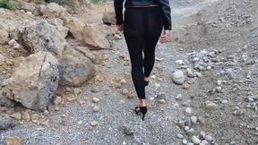 Grandma Is Walking Around a Gravel Pit in Tight Leggings and High Heels!