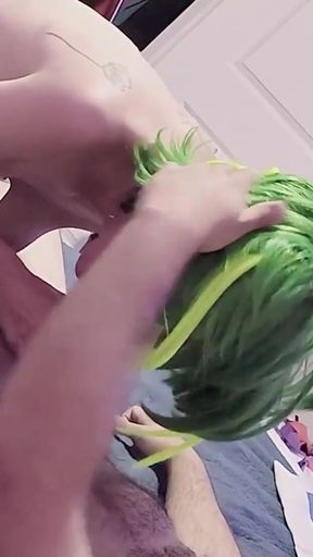 Green haired punk rocker babe gives the most amazing blowjob of her life and gets a messy facial   Clip 2